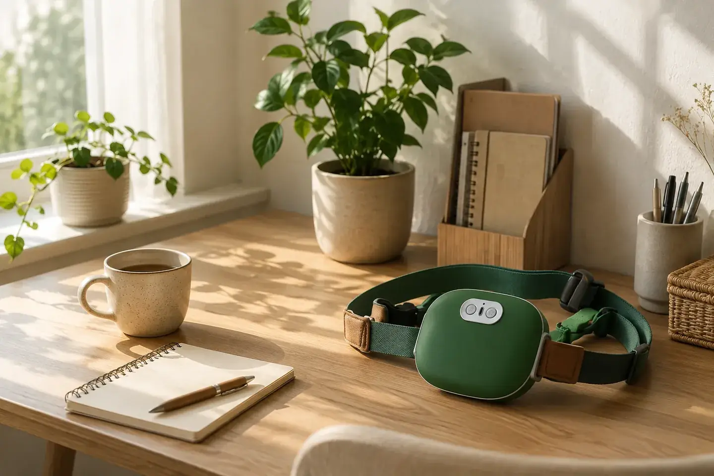 Een zonnige houten bureauhoek met een plant, een mok, een notitieboek en het massageapparaat ernaast