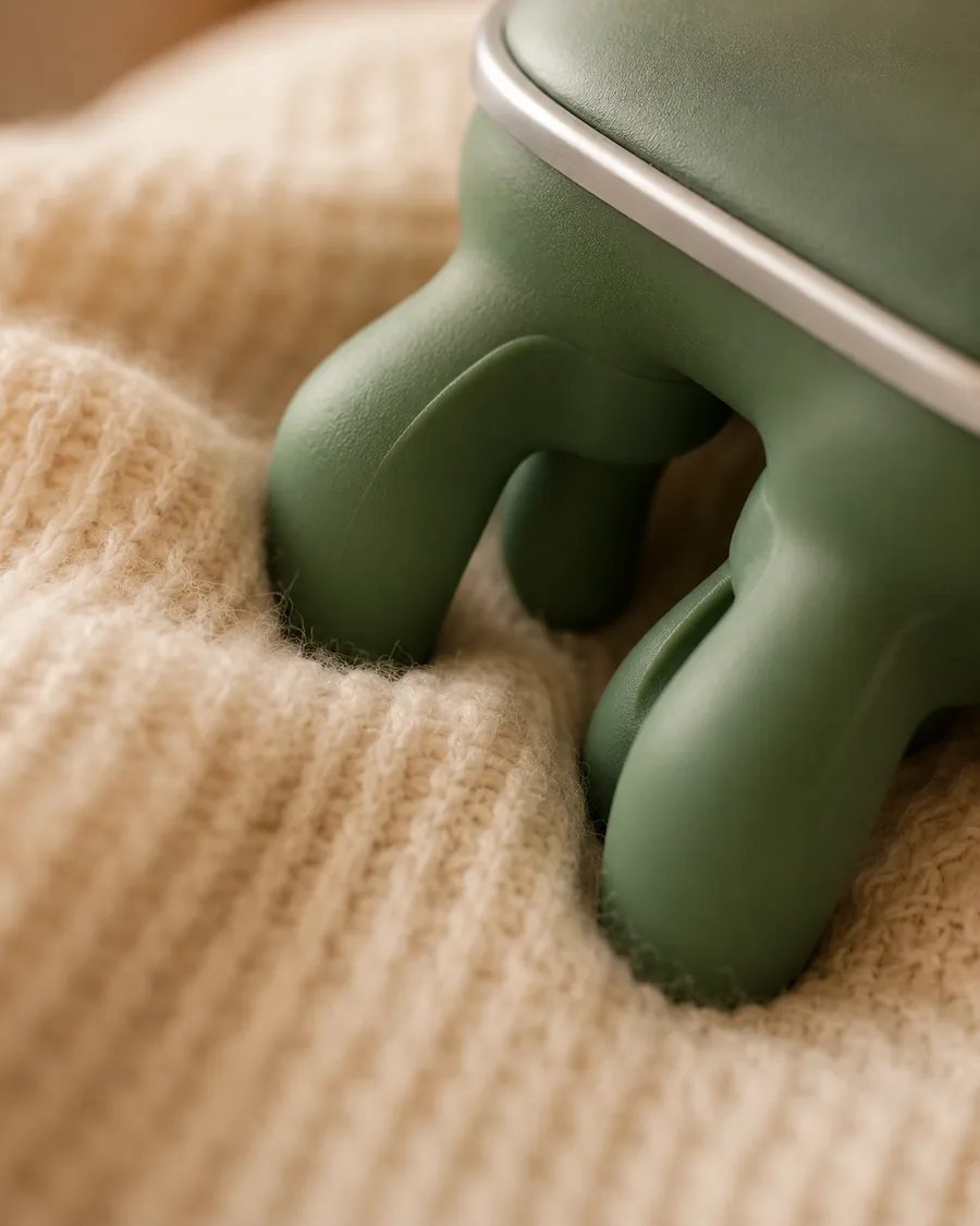 Close-up van de groene siliconen vingers die in een crèmekleurige gebreide deken drukken