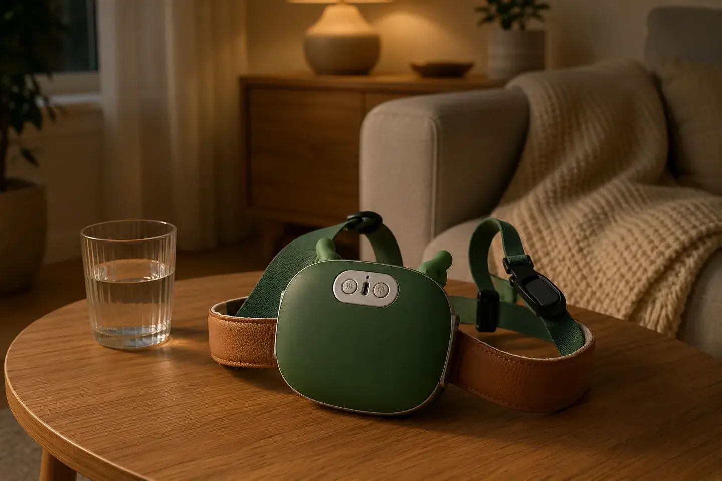 Het uitgeschakelde apparaat op een houten salontafel naast een glas water, ’s avonds in de woonkamer