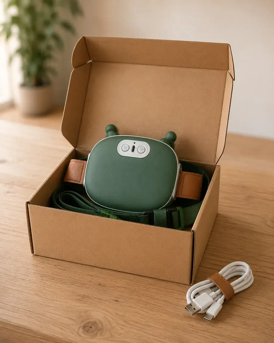 Het apparaat naast zijn doos en de oplaadkabel op een houten tafel