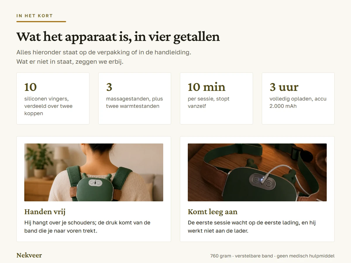 Het apparaat in vier getallen: tien vingers, drie standen, tien minuten per sessie, drie uur opladen