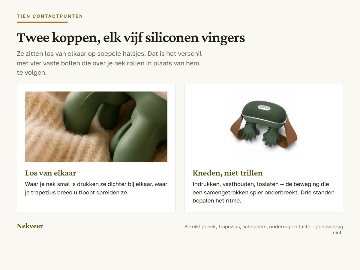 Twee koppen met elk vijf siliconen vingers op soepele halsjes, tien contactpunten in totaal