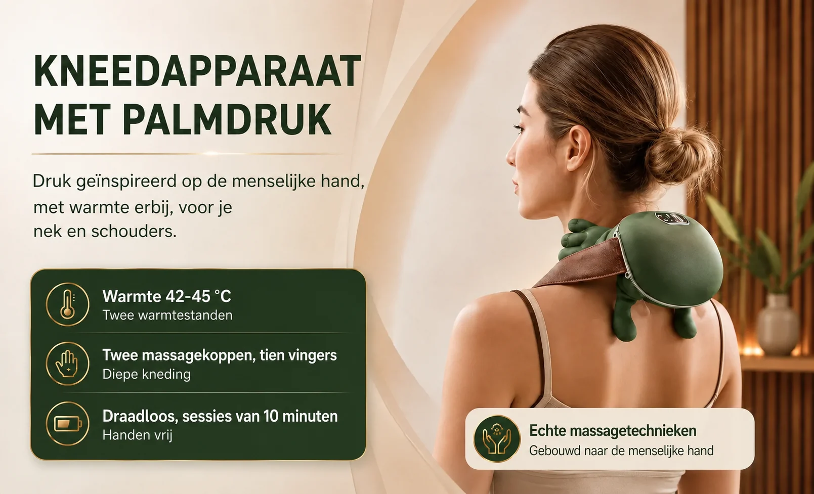 Het kneedapparaat met palmdruk om de schouders, met warmte 42-45 °C, twee koppen met tien vingers, draadloos