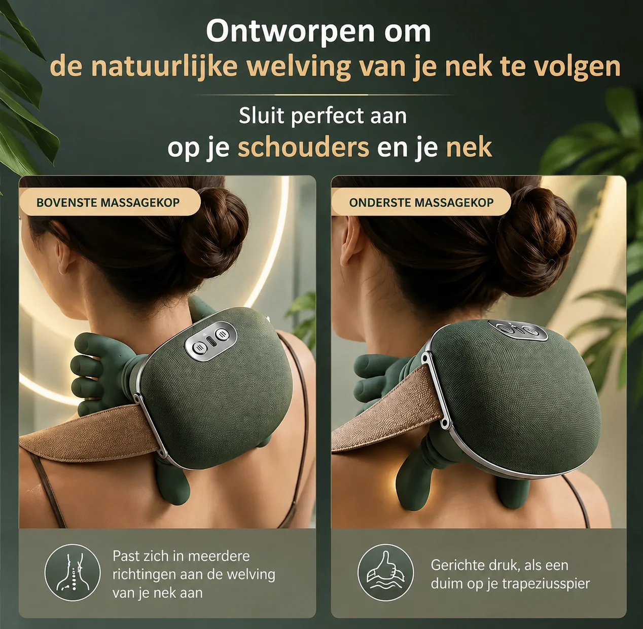 Het apparaat van achteren op de schouders, bovenste en onderste massagekop, ontworpen om de welving van de nek te volgen